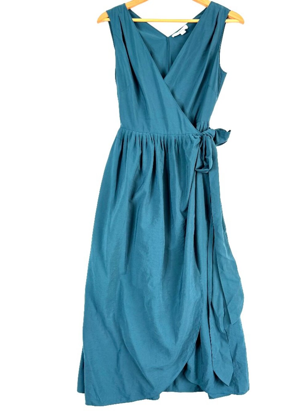 VINCE Sateen Wrap Pleated Waist Tie Sleeveless Feminine Midi Dress S Green Teal